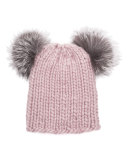 Mimi Knit Beanie Hat w/Fur Pom-Poms, Rose