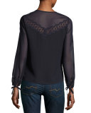 Georgette Lace-Trim Keyhole Top, Navy