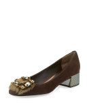 Suede 30mm Pump w/Jeweled Fur Pompom