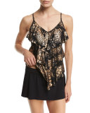 Rita Metallic Tiered Tankini Swim Top, Black/Gold, Plus Size