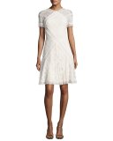 Short-Sleeve Paneled Lace A-Line Dress, Ivory