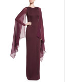 Cape-Sleeve Sequined-Knit Gown, Plum