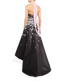 Strapless Floral-Appliqué High-Low Gown, Azalea