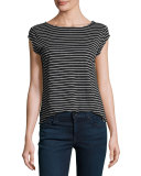 Adelise Striped Cap-Sleeve Linen T-Shirt, Black