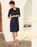 Sleeveless Linen-Stretch Lantern Dress, Navy, Plus Size