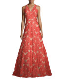 Sleeveless V-Neck Lace Gown, Red