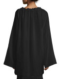 Spira Long-Sleeve Ruched-Neck Silk Blouse, Black