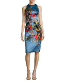 Sleeveless Floral Satin Cocktail Dress, Blue