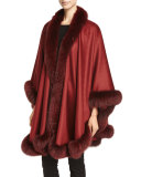 Cashmere Fox Fur-Trim Cape, Brick