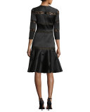 3/4-Sleeve Tiered Lace Fit-and-Flare Dress, Onyx