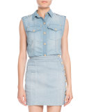 Sleeveless Button-Front Denim Blouse, Light Blue