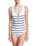 Classics Zip-Front One-Piece Swimsuit, White/Blue Stripe