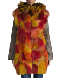 Hooded Zip-Front Jacket w/ Multicolored Fur Trim, Green Multi