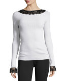 Lace-Trim Boat-Neck Wool Top, White/Black