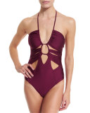 Cutout Halter One-Piece Swimsuit, Burgundy