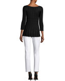 Checkered Bateau-Neck 3/4-Sleeve Top, Black
