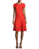 Laser-Cut Knit Short-Sleeve Dress, Geranium