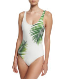 Kelly Tropical Leaf-Print One-Piece Swimsuit, White