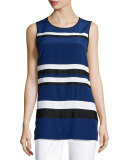 Striped Crepe de Chine Sleeveless Tunic, Vivid Denim/Multi
