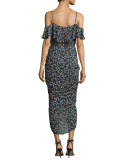 Ruched Floral Silk Cold-Shoulder Midi Dress, Black