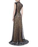 Lace Mock-Neck Gown with Suede, Black
