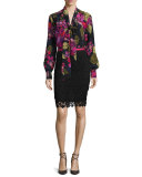 Long-Sleeve Floral Tie-Neck Top, Multicolor