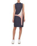 Printed Denim Sleeveless Dress, Dark Blue