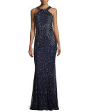 Sequined Sleeveless Halter Gown, Deep Sea