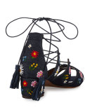 Isadora Floral-Embroidered Lace-Up Sandal, Blue