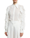 Ruffled-Sleeve Cotton Blouse, White