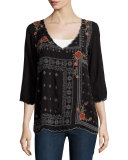 Bennett Embroidered 3/4-Sleeve Blouse, Black, Plus Size