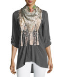 Lydia Split-Neck Embroidered Blouse, Iron Steel