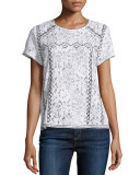 Floral Lace Contrast-Embroidered Short-Sleeve Top