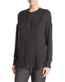 Long-Sleeve Embroidered Stretch-Silk Blouse