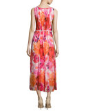 Sleeveless Floral-Print Box-Pleated Dress 