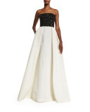 Strapless Beaded-Bodice Ball Gown, Black/White