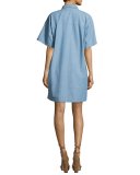 Chambray 1/2-Sleeve Shirtdress, Light Blue