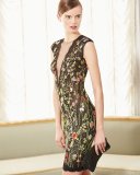 Cap-Sleeve Floral Open-Back Cocktail Dress, Multicolor