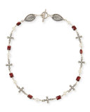 Garnet & Pearl Cross Station Necklace