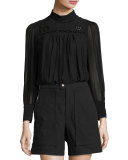 Embroidered Mock-Neck Tunic Blouse, Black