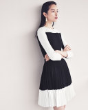 3/4-Sleeve Pleated-Skirt Dress, Black/White