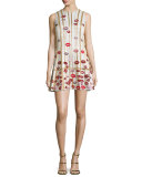 Lip-Appliqué Sleeveless Fluted Cocktail Dress, White/Gold