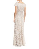 Short-Sleeve Floral Lace Tulle Gown, Latte/Pumice