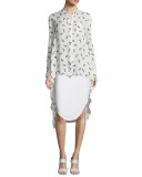Cactus-Print Kaftan Blouse, Chalk/Black