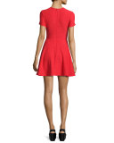Short-Sleeve Textured A-Line Dress, Cherry Red