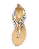 Large-Crystal Flat T-Strap Sandal, Gold