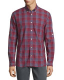 Plaid Roll-Tab Sleeve Sport Shirt, Brick Red