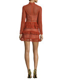 Long-Sleeve Tiered Lace Mini Dress, Crimson