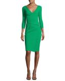 3/4-Sleeve Faux-Wrap Jersey Dress, Green