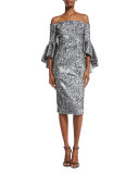 Off-the-Shoulder Sequined Cocktail Dress, Gunmetal